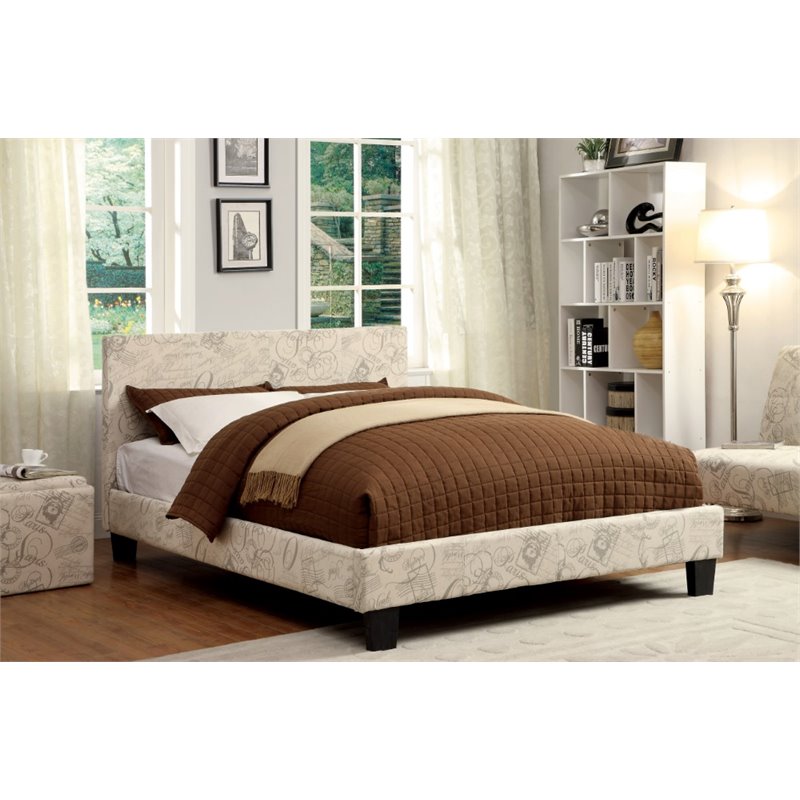 Bowery Hill Upholstered Fabric Queen Platform Bed in Beige Finish