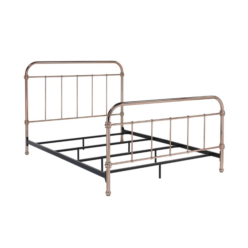 Bowery Hill Farmhouse Metal King Bed with 4 Piece Slats in Gold