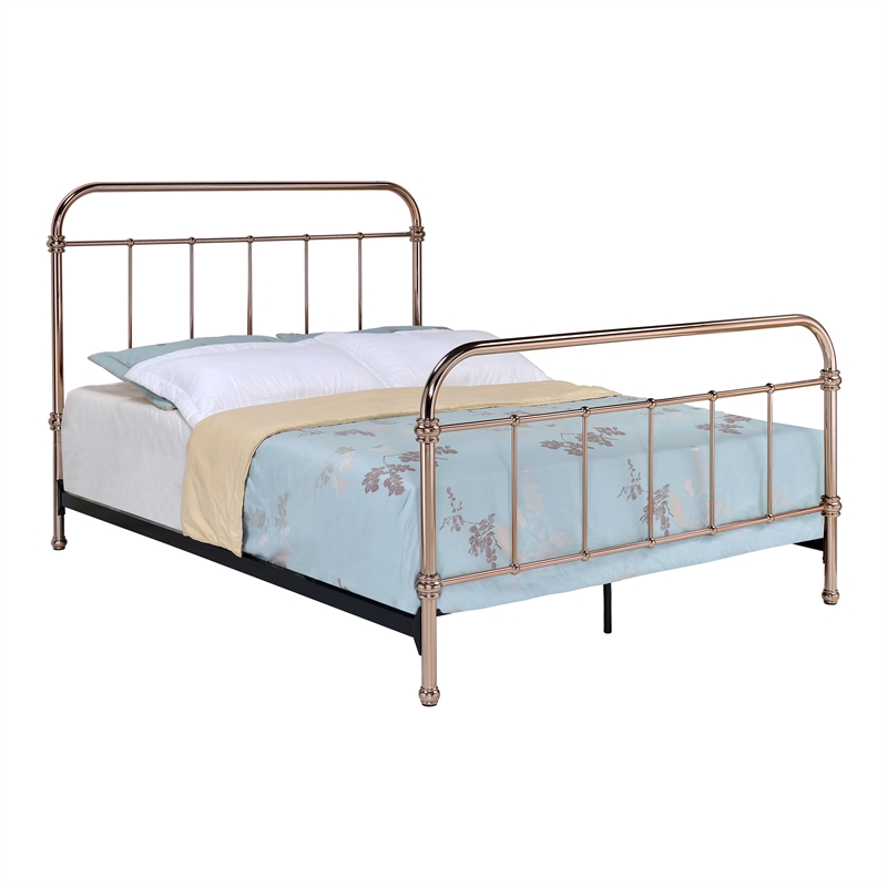 Bowery Hill Farmhouse Metal King Bed with 4 Piece Slats in Gold