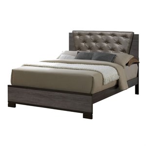 bowery hill faux leather tufted queen bed in antique gray finish