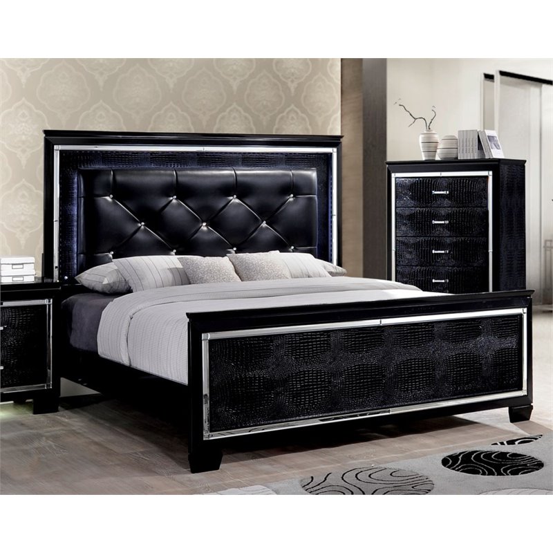 Bowery Hill Contemporary Wood King LED Panel Bed with Mirror Trim in Black