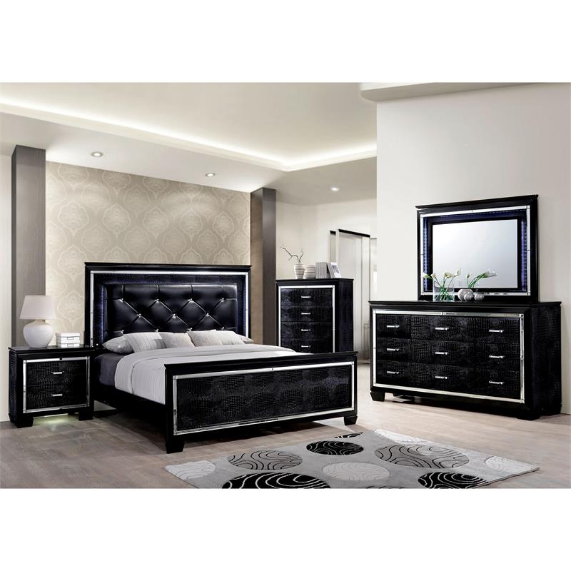 Bowery Hill Contemporary Wood King LED Panel Bed with Mirror Trim in Black