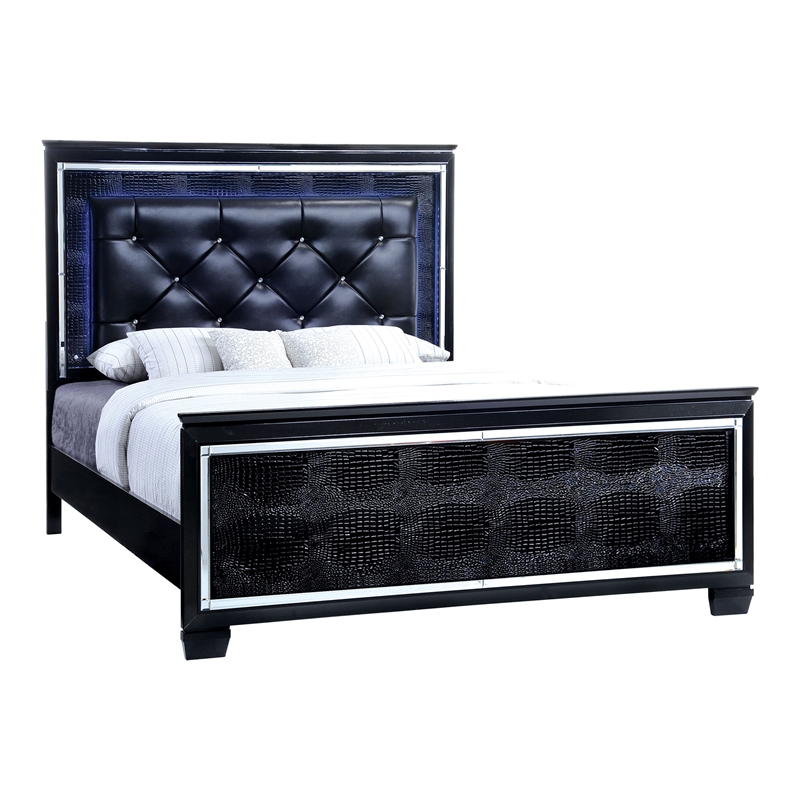 Bowery Hill Contemporary Wood King LED Panel Bed with Mirror Trim in Black