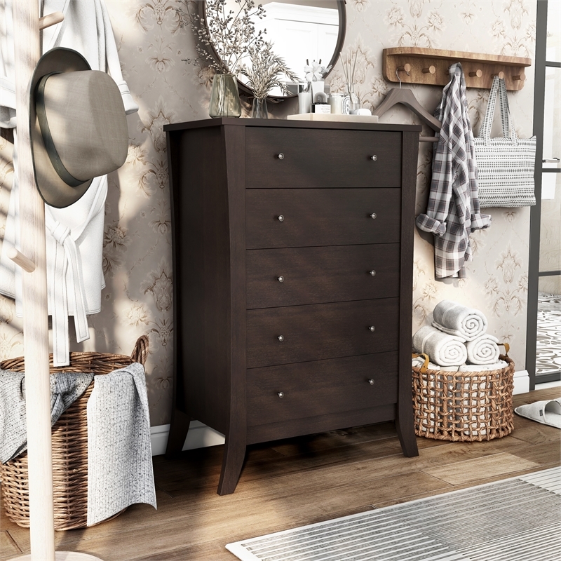 Bowery Hill 5 Drawers Contemporary Wood Dresser Chest in Espresso