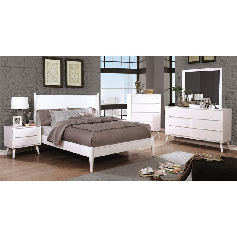 Bowery Hill Mid-Century Solid Wood King Platform Bed in White