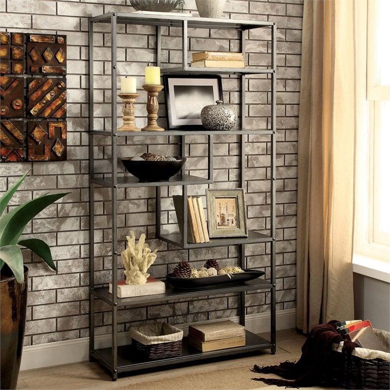 Bowery Hill Industrial Metal 6-Shelf Bookcase in Powder Coated Gray