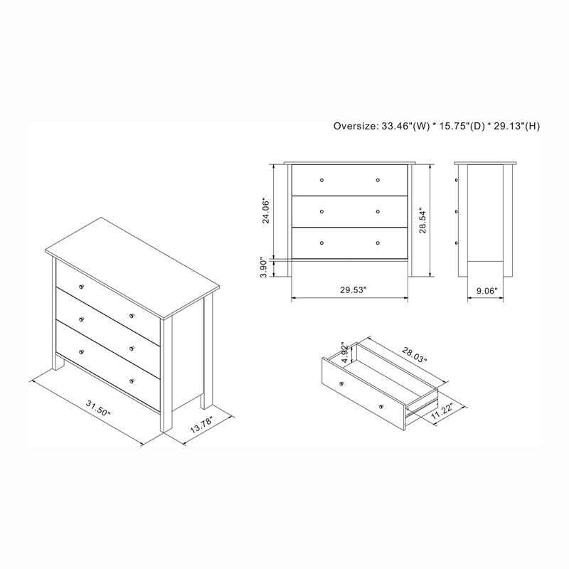Bowery Hill Transitional Wood 3-Drawer Chest in Gray Oak Finish
