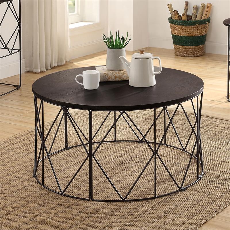 Bowery Hill Industrial Wood Round Coffee Table in Walnut Finish