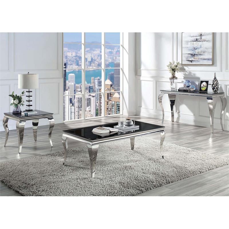 Bowery Hill Glam Glass Top Coffee Table in Black and Silver Finish