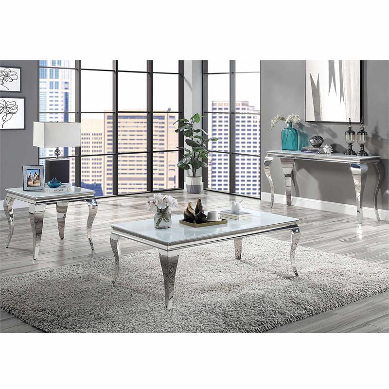 Bowery Hill Glam Glass Top Coffee Table in White and Silver Finish