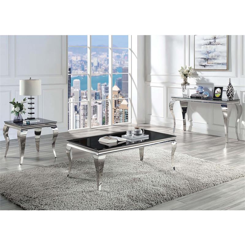 Bowery Hill Glam Glass Top End Table in Black and Silver Finish