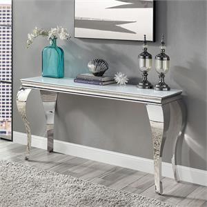 bowery hill glam glass top sofa table in white and silver finish