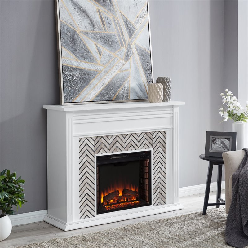 Bowery Hill Engineered Wood Tiled Marble Electric Fireplace in White
