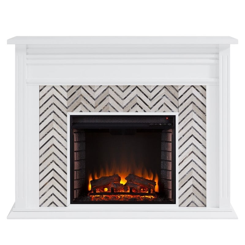 Bowery Hill Engineered Wood Tiled Marble Electric Fireplace in White