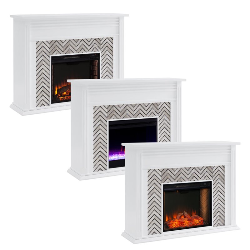 Bowery Hill Engineered Wood Tiled Marble Electric Fireplace in White