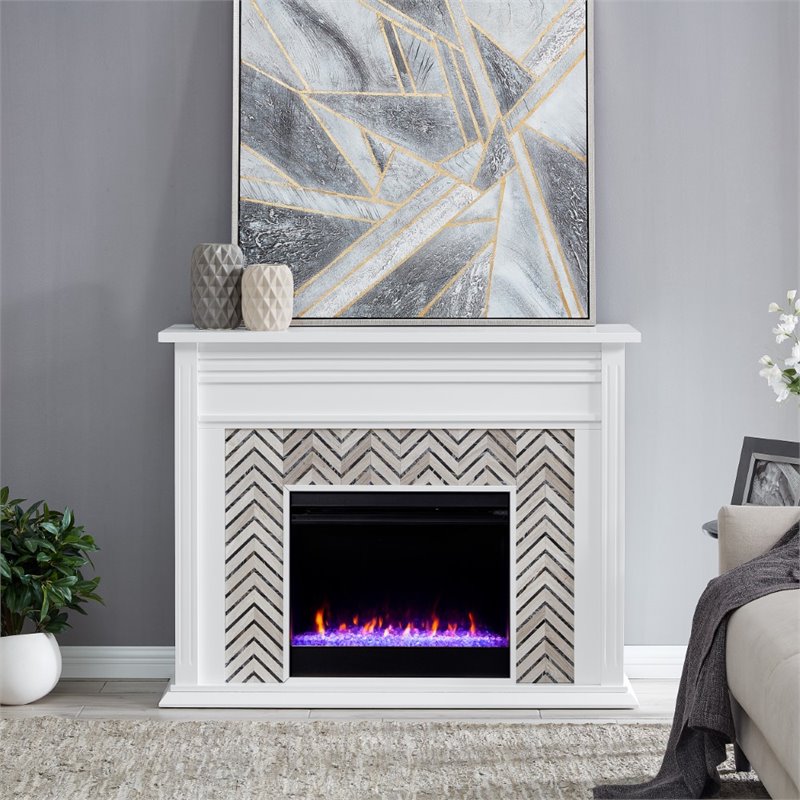 Bowery Hill Rubberwood White Electric Fireplace Rectangular Color Changing Lights 50