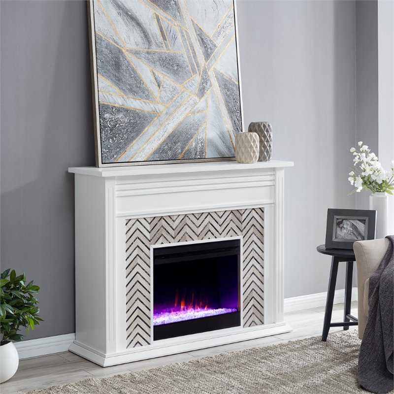 Bowery Hill Rubberwood White Electric Fireplace Rectangular Color Changing Lights 50