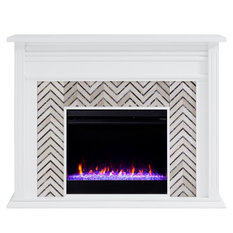 Bowery Hill Rubberwood White Electric Fireplace Rectangular Color Changing Lights 50