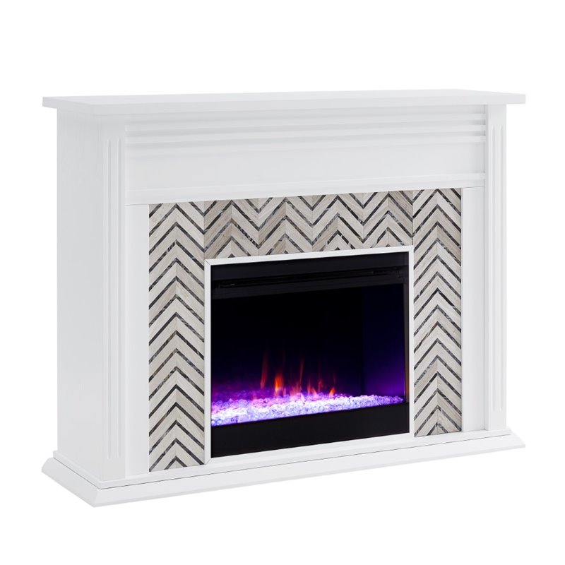 Bowery Hill Rubberwood White Electric Fireplace Rectangular Color Changing Lights 50