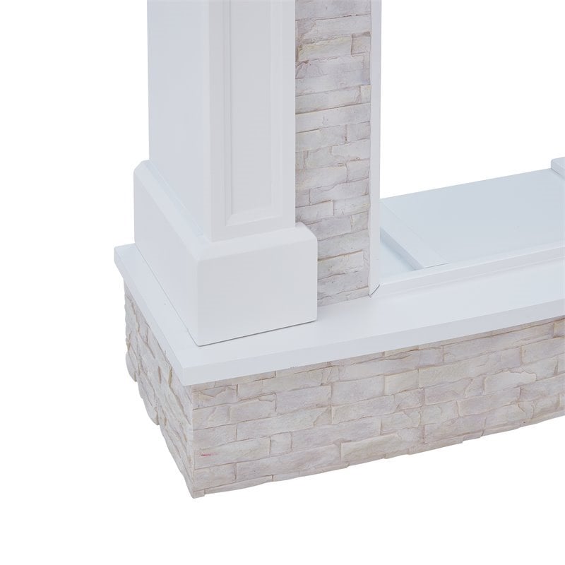 Bowery Hill Faux Stone Electric Fireplace TV Stand in White Finish