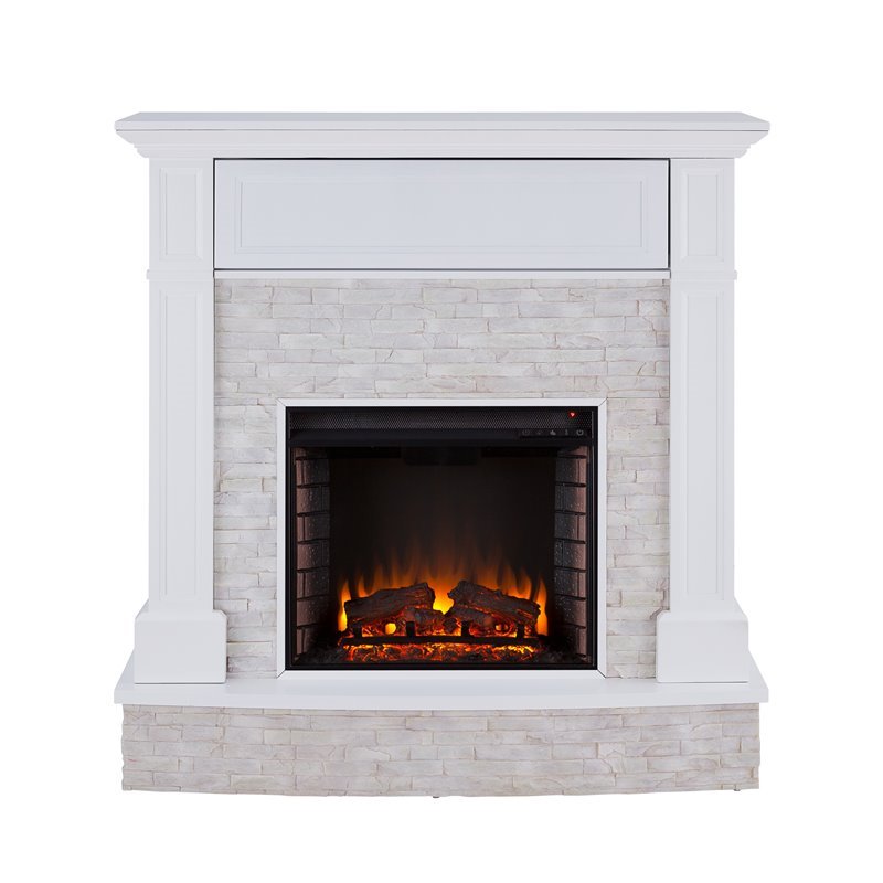 Bowery Hill Faux Stone Electric Fireplace TV Stand in White Finish