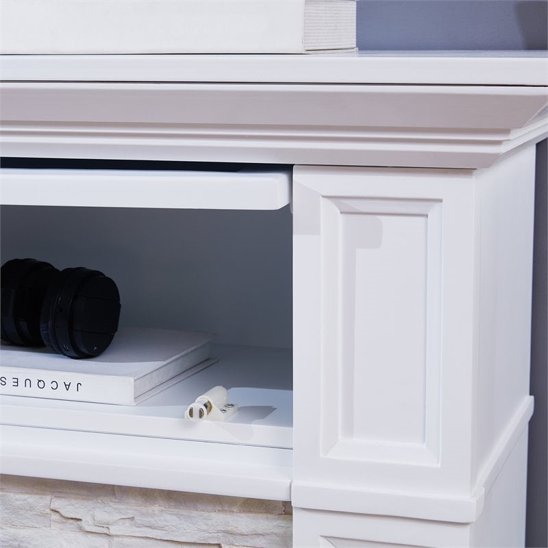 Bowery Hill Faux Stone Electric Fireplace TV Stand in White Finish