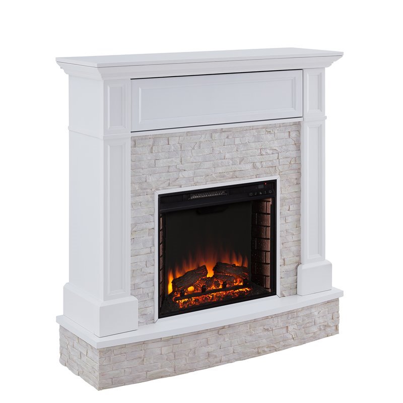 Bowery Hill Faux Stone Electric Fireplace TV Stand in White Finish