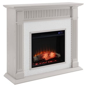 bowery hill contemporary wood penny-tiled electric fireplace in gray