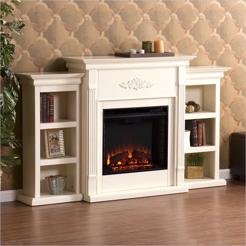 Bowery Hill Traditional Wood Electric Fireplace with Bookcases in Ivory