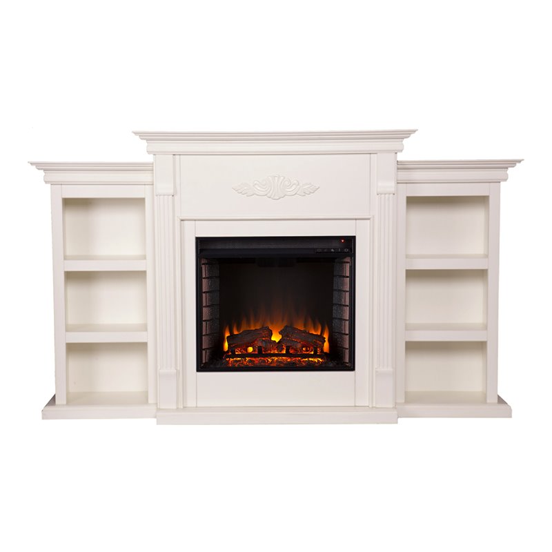 Bowery Hill Traditional Wood Electric Fireplace with Bookcases in Ivory