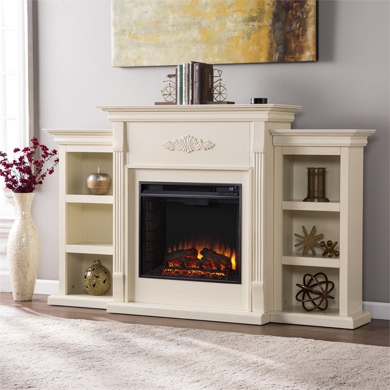 Bowery Hill Traditional Wood Electric Fireplace with Bookcases in Ivory