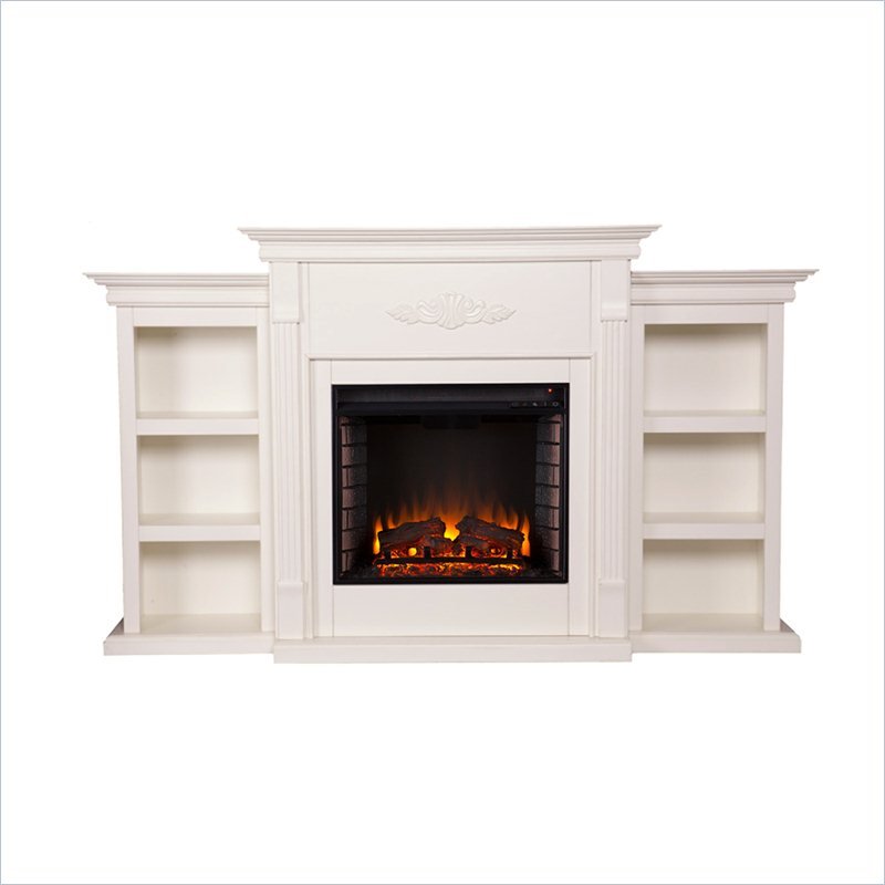 Bowery Hill Traditional Wood Electric Fireplace with Bookcases in Ivory