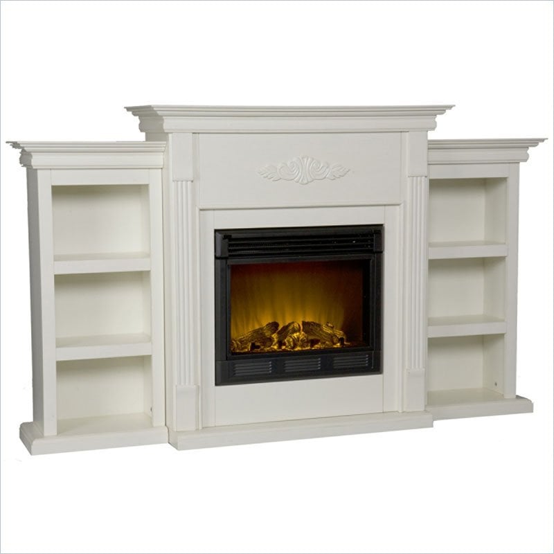 Bowery Hill Traditional Wood Electric Fireplace with Bookcases in Ivory