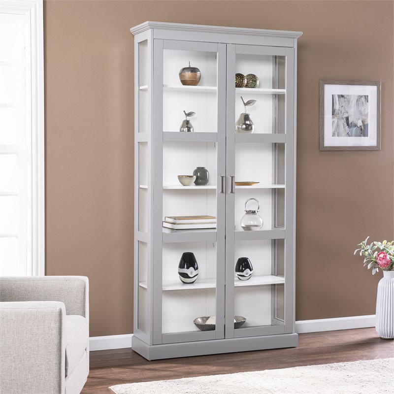 Bowery Hill Transitional Wood Tall Curio Cabinet in Gray Finish