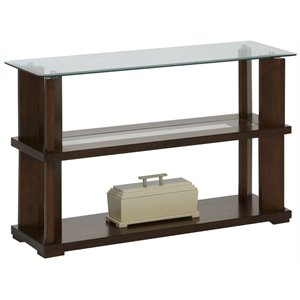 bowery hill glass top sofa console table in burnished cherry finish