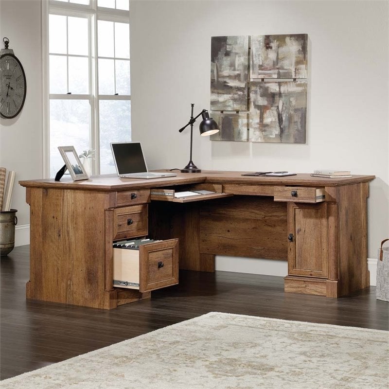 Bowery Hill Contemporary Wood L-Shape Computer Desk in Vintage Oak