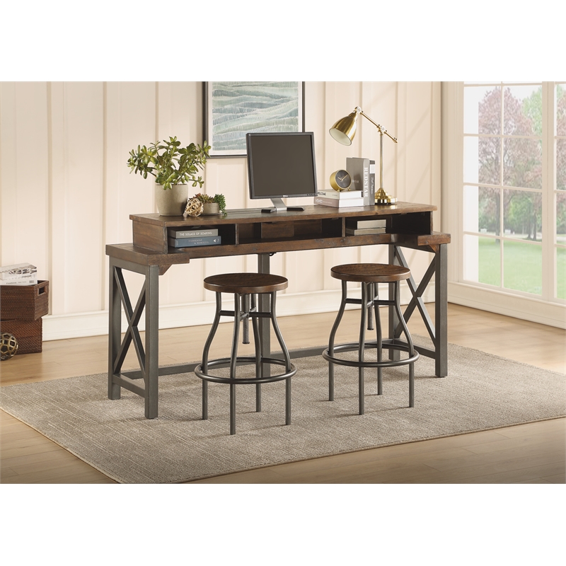 Bowery Hill Farmhouse Wooden Carpenter Stool in Brown Finish