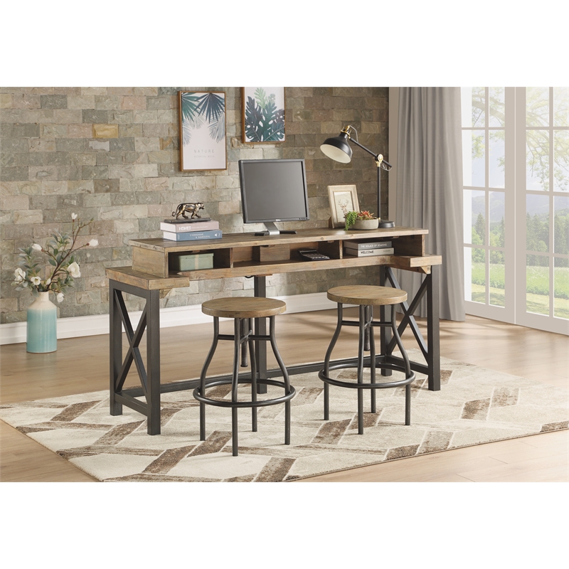 Bowery Hill Stool with Solid Light Brown Acacia Wood Top and Metal Legs