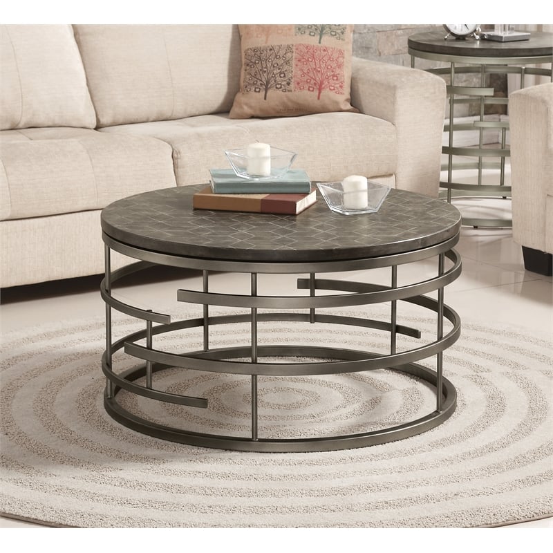Bowery Hill Antiqued Concrete Top and Metal Base Round Gray Coffee Table