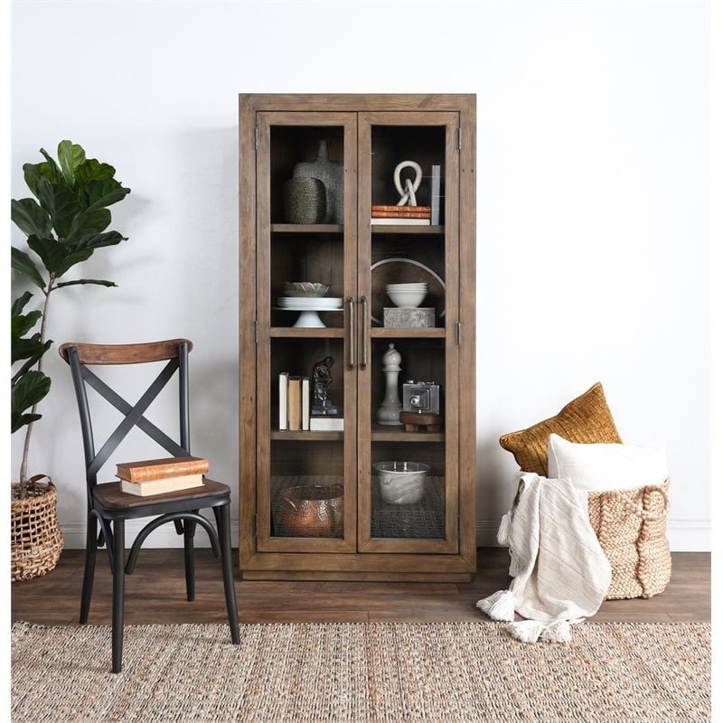 Bowery Hill Transitional Reclaimed Pine Display Cabinet in Brown