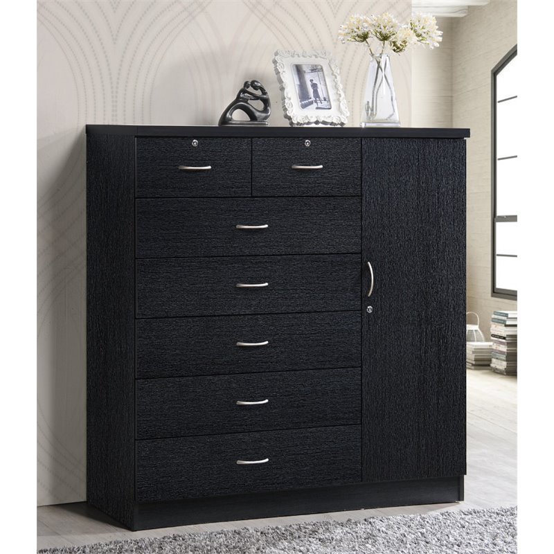 Bowery Hill 7 Drawer Chest with Locks on 2 Drawers and 1 Door in Black Wood