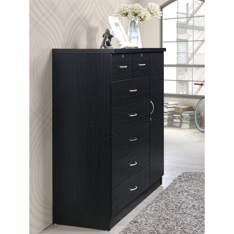 Bowery Hill 7 Drawer Chest with Locks on 2 Drawers and 1 Door in Black Wood