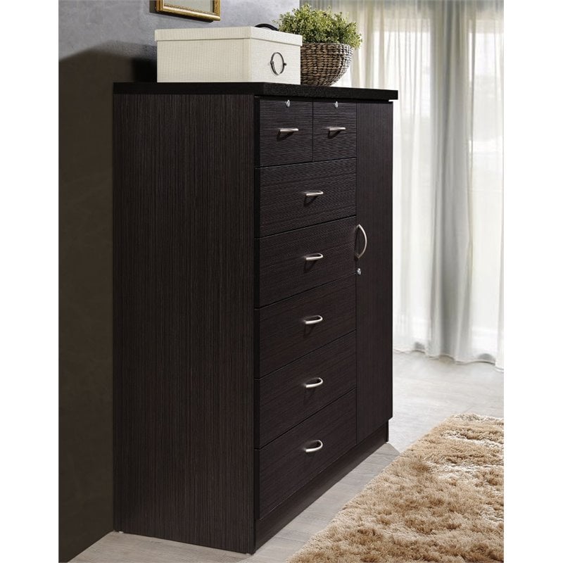 Bowery Hill 7 Drawer Chest with Locks on 2 Drawers and 1 Door in Chocolate Wood