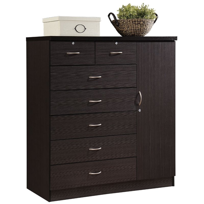 Bowery Hill 7 Drawer Chest with Locks on 2 Drawers and 1 Door in Chocolate Wood