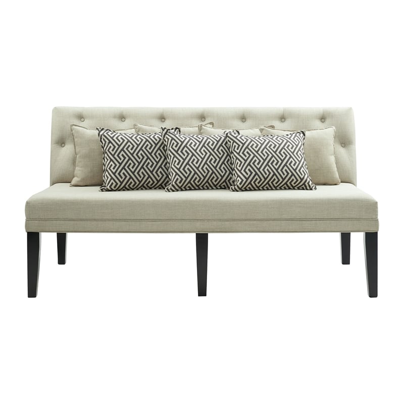 Bowery Hill Contemporary Wood Sofa with Seven Pillows in Beige