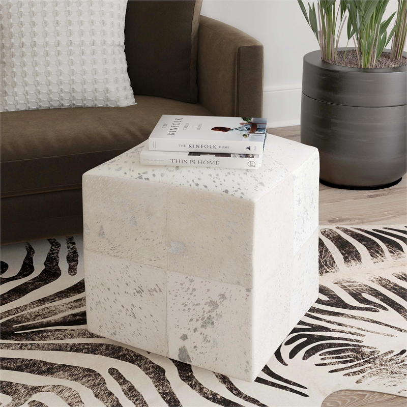 Bowery Hill Transitional White Hair on Hide with Silver Spots Ottoman