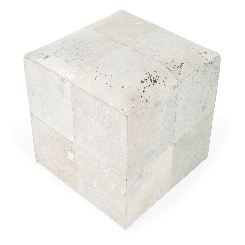 Bowery Hill Transitional White Hair on Hide with Silver Spots Ottoman