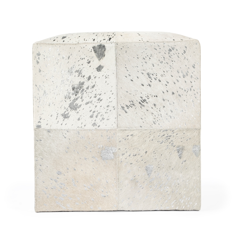 Bowery Hill Transitional White Hair on Hide with Silver Spots Ottoman