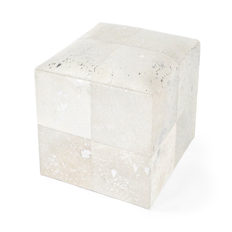Bowery Hill Transitional White Hair on Hide with Silver Spots Ottoman