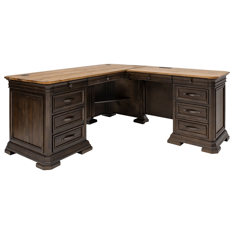 Bowery Hill Executive L-Desk & Return With Solid Wood Plank Top Brown
